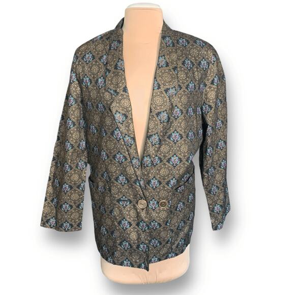 Vintage 90s Black Oversized Brocade Jacquard Blazer Metallic Statement Jacket - Picture 11 of 12